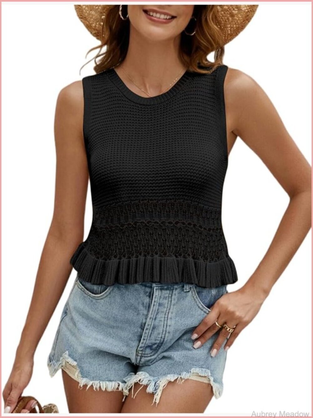 Crochet Crop Tank Top Sleeveless Knit Sweater Vest Ruffle Hem Summer